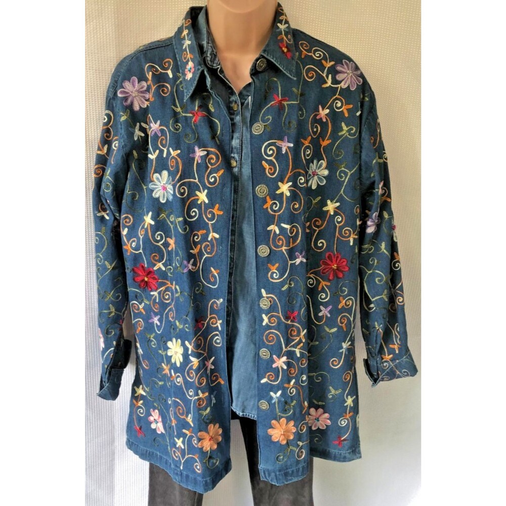 Vintage Life Style Womens 1X Denim Jacket Floral Embroidered Grannycore 90s - Picture 2 of 16